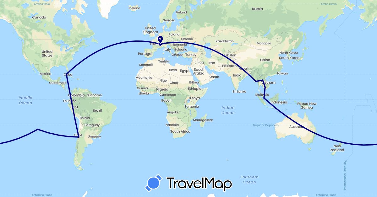 TravelMap itinerary: driving in Switzerland, Chile, Cuba, Indonesia, Cambodia, Laos, Myanmar (Burma), New Zealand, Panama, Singapore (Asia, Europe, North America, Oceania, South America)